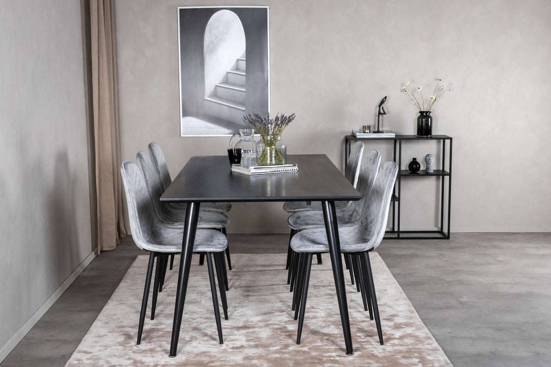 Venture Home Dipp Dining Table - 180*90cm - Black Veneer / all black legs - Polar Diamond Dining Chair - Black Legs - Grey Velvet 6