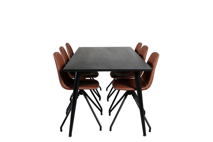 Venture Home Dipp Dining Table - 180*90cm - Black Veneer / all black legs - Polar Dining Chair with Spin function - black Legs - Brown PU - White Stitches 6