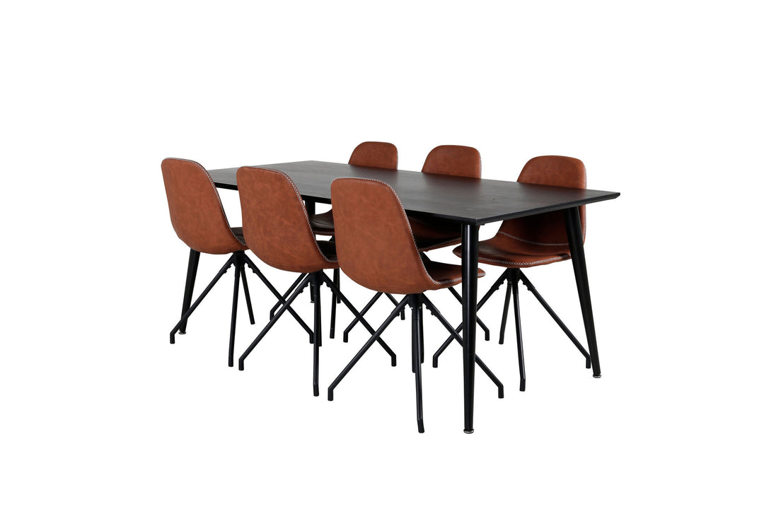 Venture Home Dipp Dining Table - 180*90cm - Black Veneer / all black legs - Polar Dining Chair with Spin function - black Legs - Brown PU - White Stitches 6