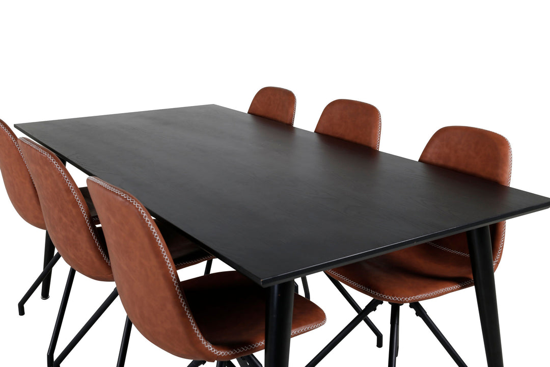 Venture Home Dipp Dining Table - 180*90cm - Black Veneer / all black legs - Polar Dining Chair with Spin function - black Legs - Brown PU - White Stitches 6