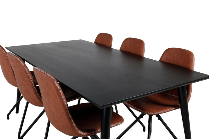 Venture Home Dipp Dining Table - 180*90cm - Black Veneer / all black legs - Polar Dining Chair with Spin function - black Legs - Brown PU - White Stitches 6
