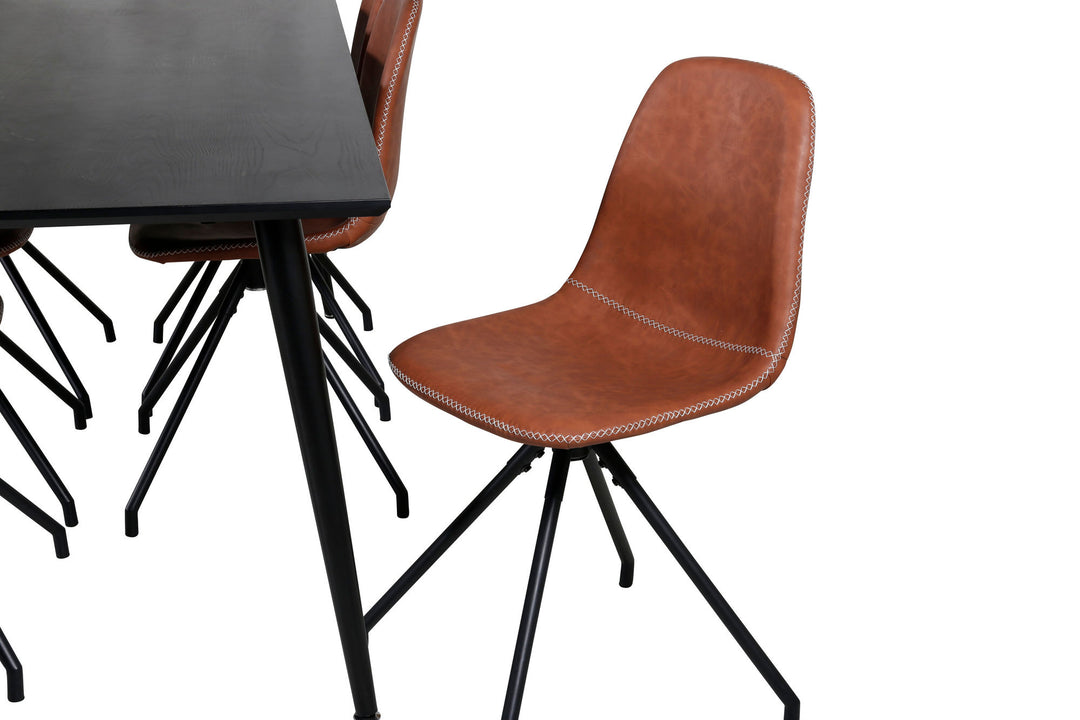 Venture Home Dipp Dining Table - 180*90cm - Black Veneer / all black legs - Polar Dining Chair with Spin function - black Legs - Brown PU - White Stitches 6