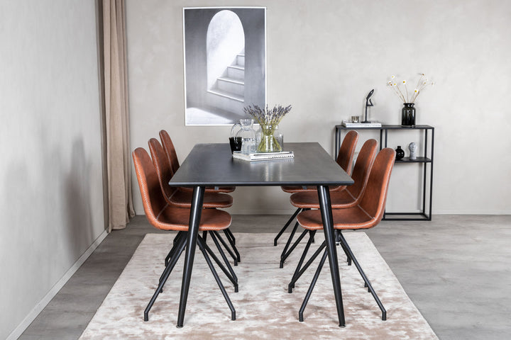 Venture Home Dipp Dining Table - 180*90cm - Black Veneer / all black legs - Polar Dining Chair with Spin function - black Legs - Brown PU - White Stitches 6