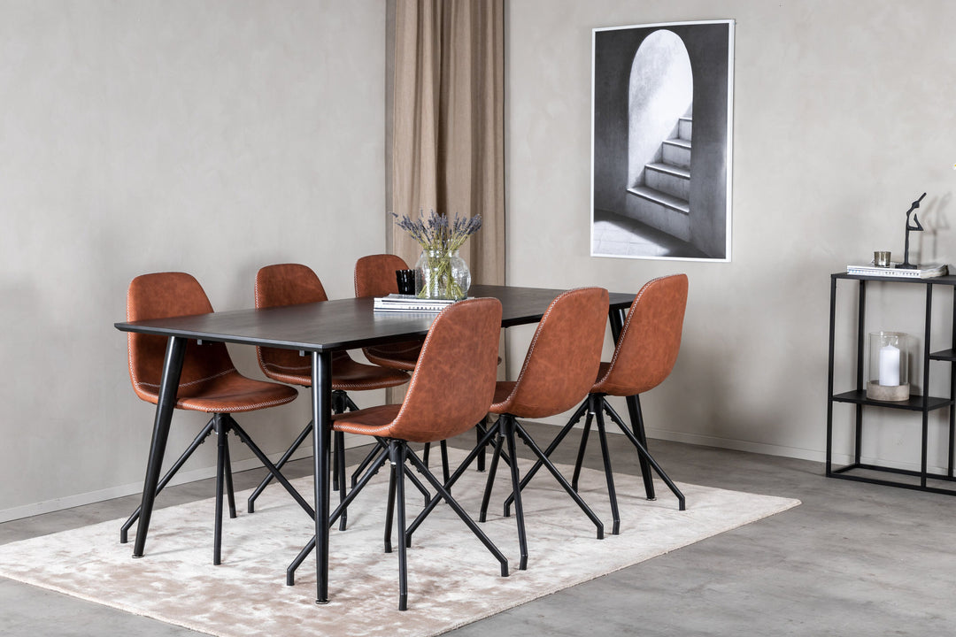 Venture Home Dipp Dining Table - 180*90cm - Black Veneer / all black legs - Polar Dining Chair with Spin function - black Legs - Brown PU - White Stitches 6
