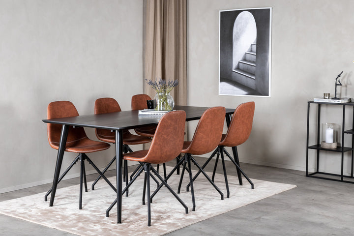 Venture Home Dipp Dining Table - 180*90cm - Black Veneer / all black legs - Polar Dining Chair with Spin function - black Legs - Brown PU - White Stitches 6