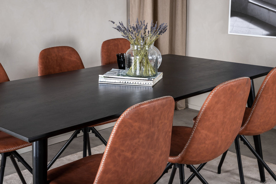 Venture Home Dipp Dining Table - 180*90cm - Black Veneer / all black legs - Polar Dining Chair with Spin function - black Legs - Brown PU - White Stitches 6