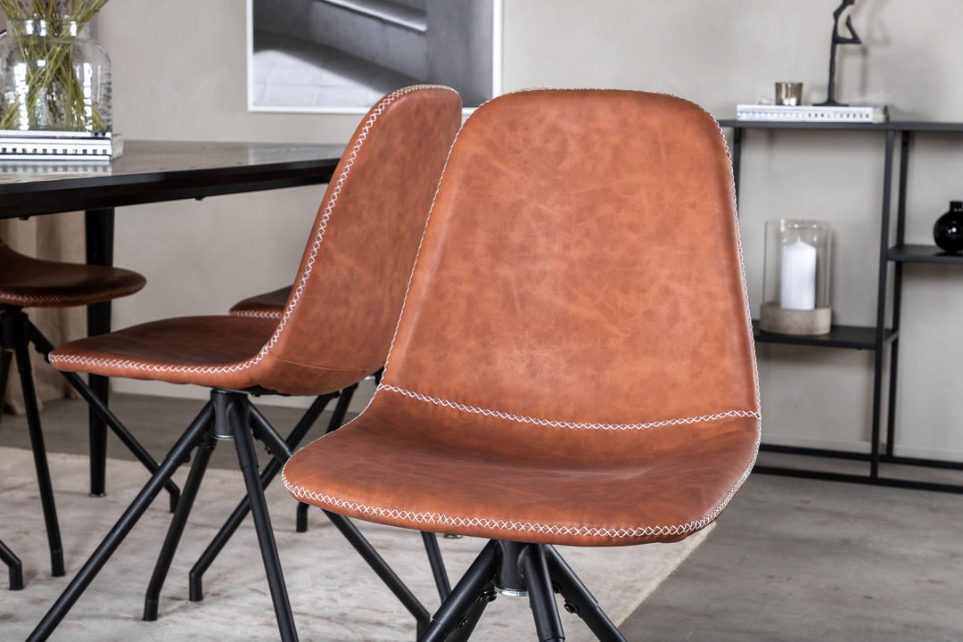 Venture Home Dipp Dining Table - 180*90cm - Black Veneer / all black legs - Polar Dining Chair with Spin function - black Legs - Brown PU - White Stitches 6