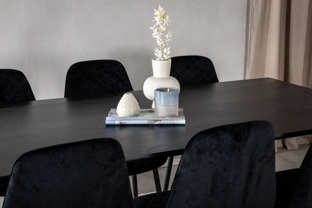 Venture Home Dipp Dining Table - 180*90cm - Black Veneer / all black legs +Polar Diamond Dining Chair - Black Legs - Black Velvet_6