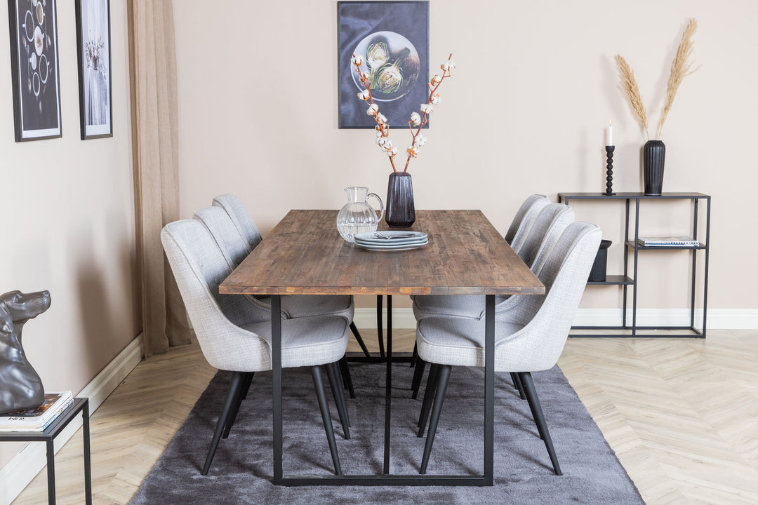 Venture Home Padang Dining Table - 250*100*H76 - Dark Teak / Black+Velvet Deluxe Dining Chair - Black Legs - Light Grey Fabric_6