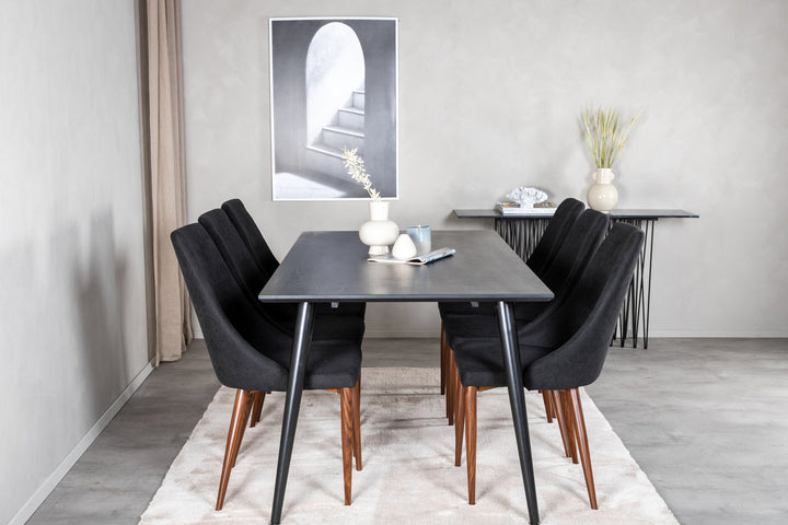 Venture Home Dipp Dining Table - 180*90cm - Black Veneer / all black legs +Leone Dining Chair - Walnut legs - Black Fabric_6