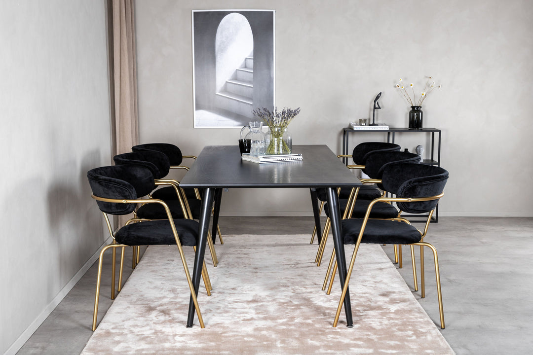 Venture Home Dipp Dining Table - 180*90cm - Black Veneer / all black legs +Arrow armchair - Brass Legs - Black Velvet_6