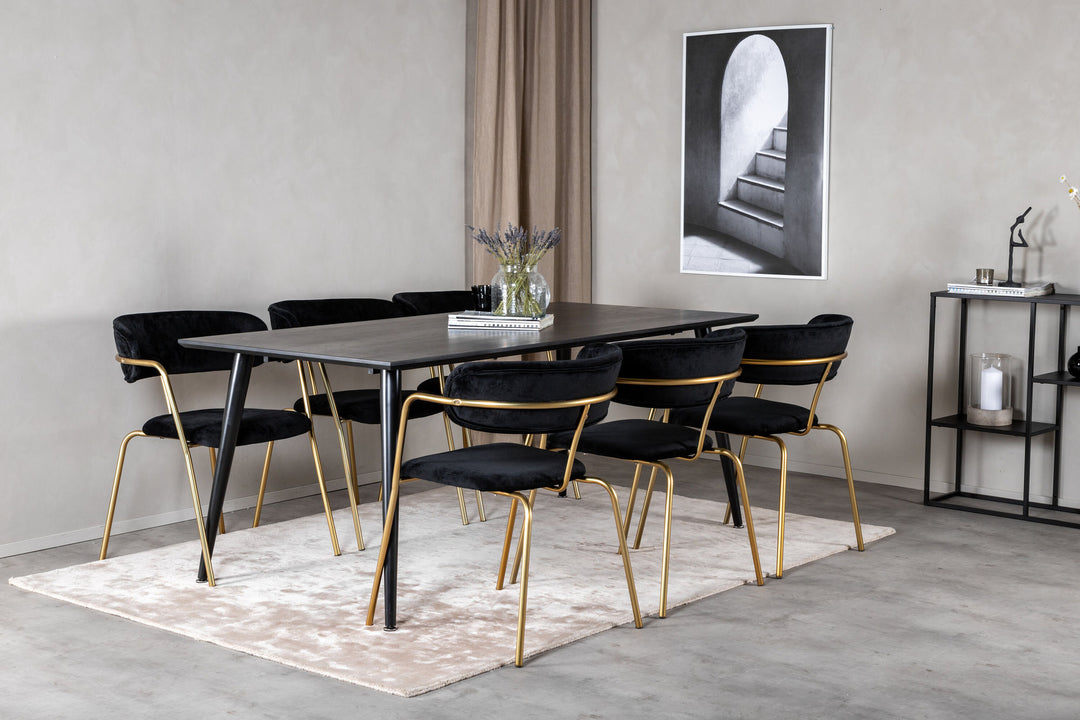 Venture Home Dipp Dining Table - 180*90cm - Black Veneer / all black legs +Arrow armchair - Brass Legs - Black Velvet_6