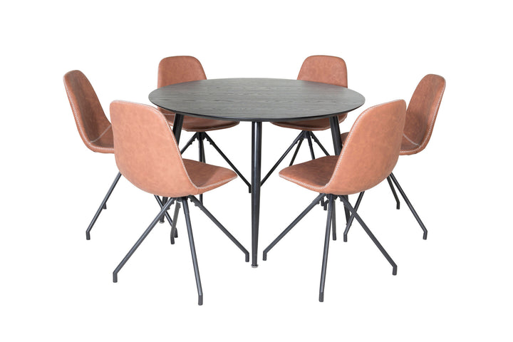 Venture Home Dipp Dining Table - 115cm - Black Veneer / All black legs +Polar Dining Chair with Spin function - black Legs - Brown PU - White Stitches_6