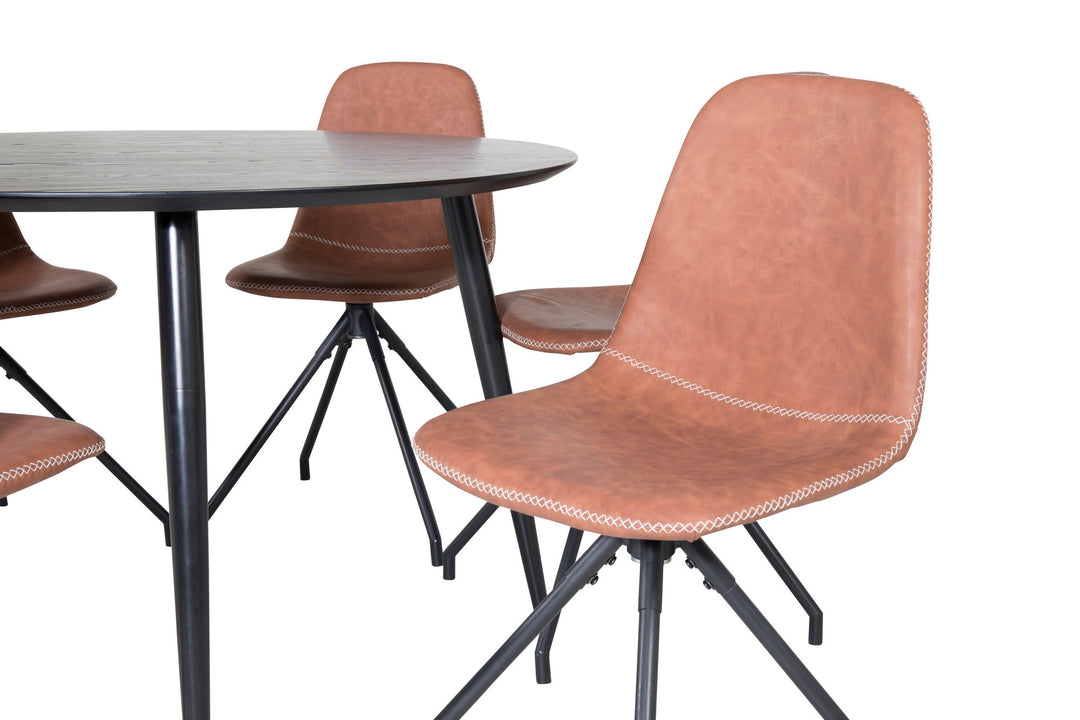 Venture Home Dipp Dining Table - 115cm - Black Veneer / All black legs +Polar Dining Chair with Spin function - black Legs - Brown PU - White Stitches_6