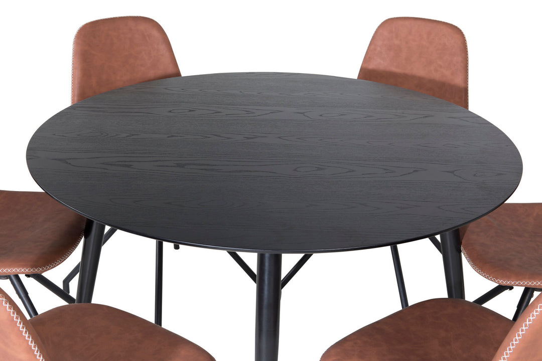 Venture Home Dipp Dining Table - 115cm - Black Veneer / All black legs +Polar Dining Chair with Spin function - black Legs - Brown PU - White Stitches_6