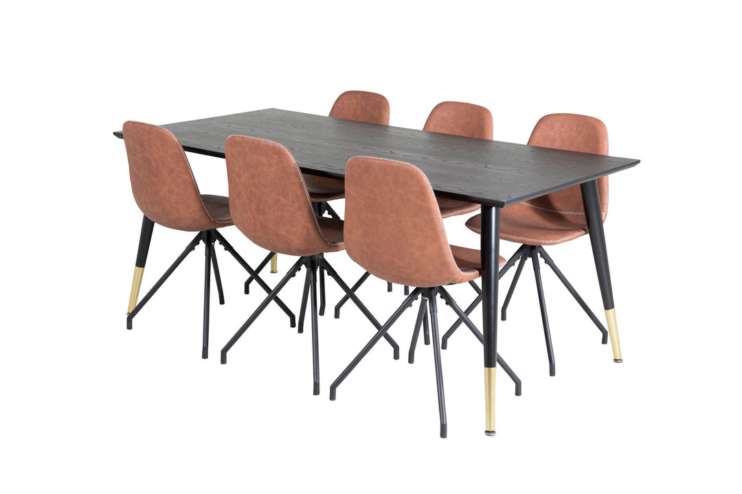 Venture Home Dipp Dining Table - 180*90cm - Black / Black Brass+Polar Dining Chair with Spin function - black Legs - Brown PU - White Stitches_6