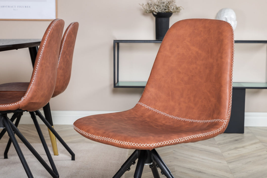 Venture Home Dipp Dining Table - 180*90cm - Black / Black Brass+Polar Dining Chair with Spin function - black Legs - Brown PU - White Stitches_6
