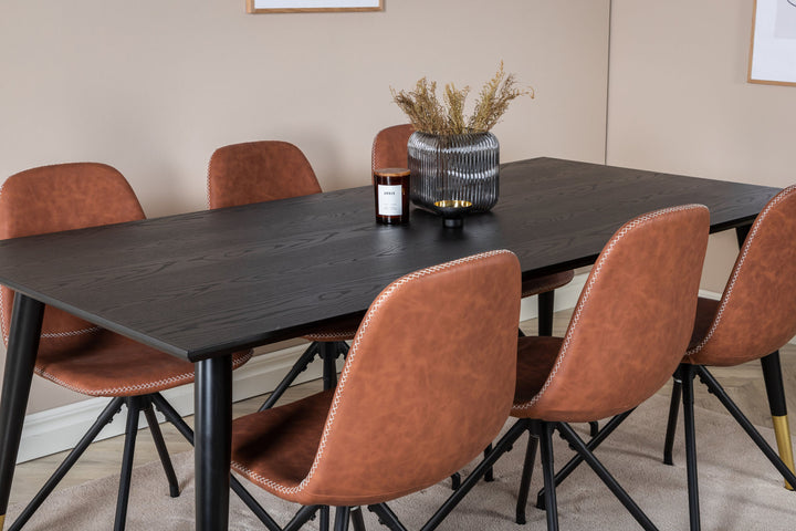 Venture Home Dipp Dining Table - 180*90cm - Black / Black Brass+Polar Dining Chair with Spin function - black Legs - Brown PU - White Stitches_6