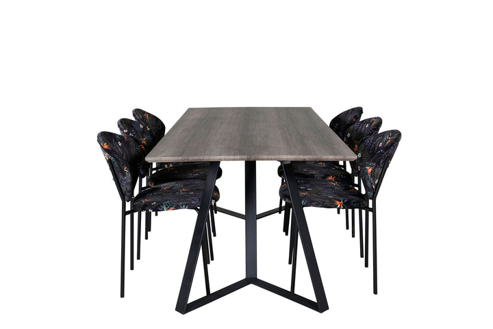 Venture Home Marina Dining Table - 180*90*H75 - Grey / Black+Vault Dining Chair - Black legs - Black Flower printed fabric_6