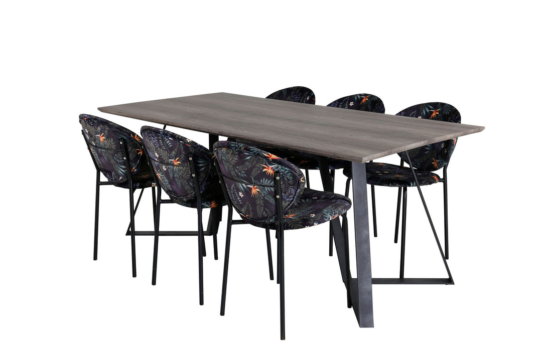 Venture Home Marina Dining Table - 180*90*H75 - Grey / Black+Vault Dining Chair - Black legs - Black Flower printed fabric_6