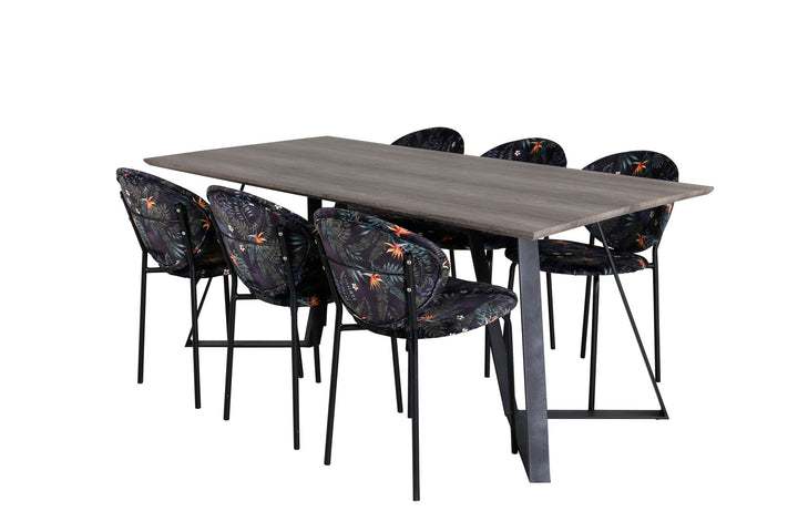 Venture Home Marina Dining Table - 180*90*H75 - Grey / Black+Vault Dining Chair - Black legs - Black Flower printed fabric_6