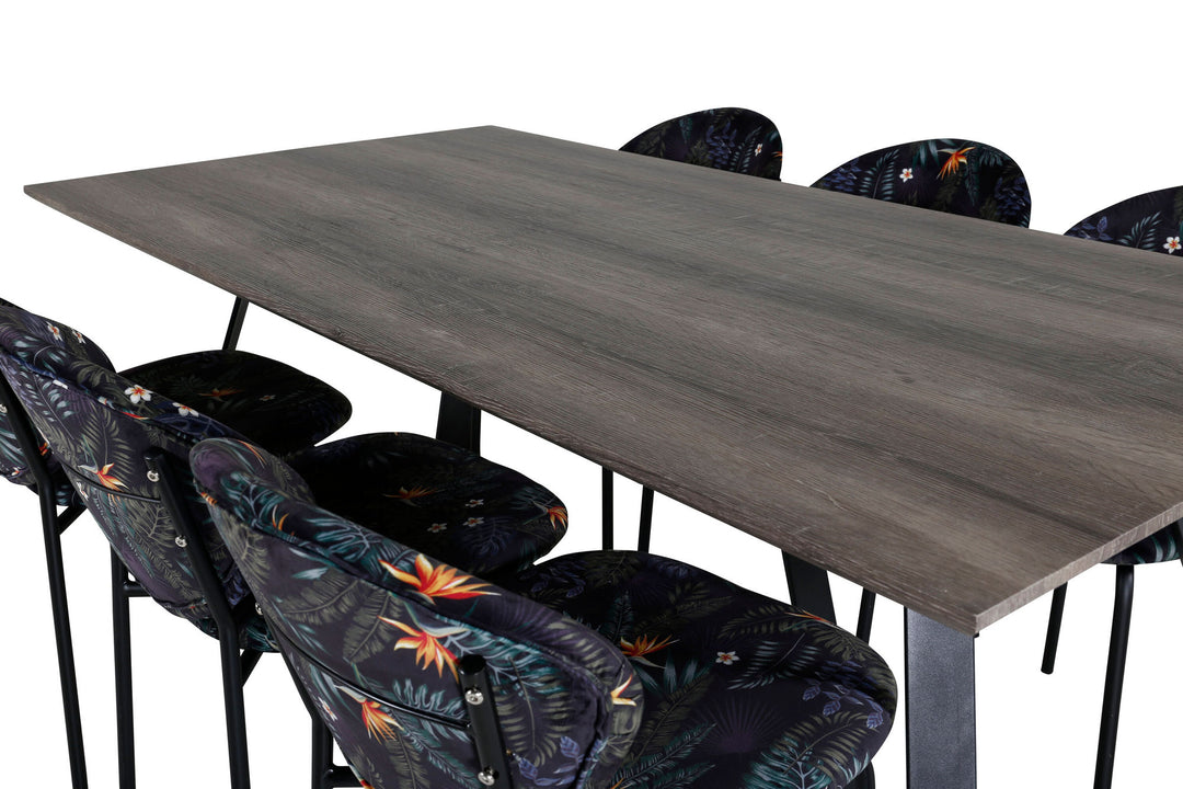 Venture Home Marina Dining Table - 180*90*H75 - Grey / Black+Vault Dining Chair - Black legs - Black Flower printed fabric_6