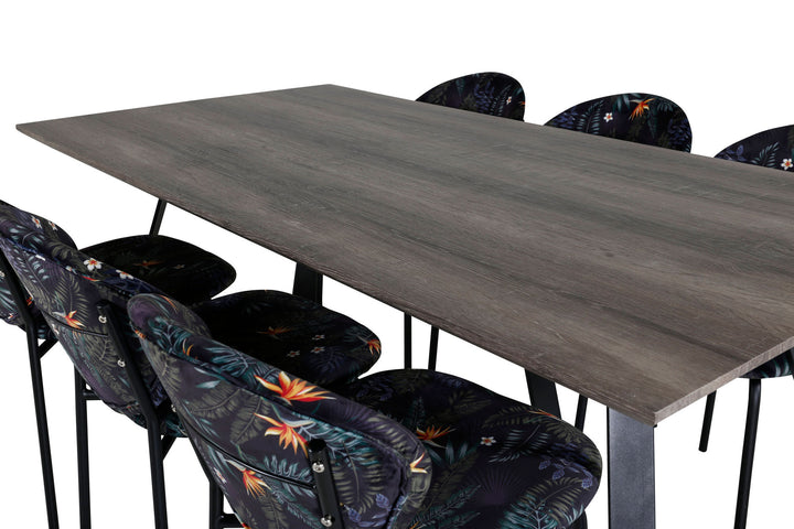 Venture Home Marina Dining Table - 180*90*H75 - Grey / Black+Vault Dining Chair - Black legs - Black Flower printed fabric_6