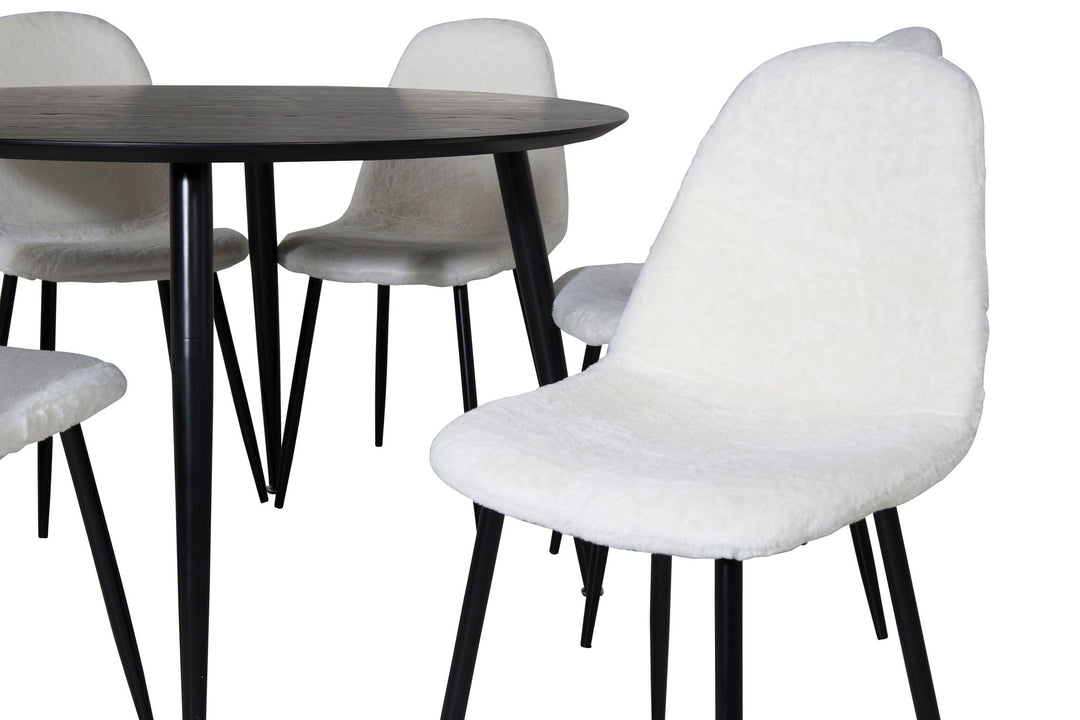 Venture Home Dipp Dining Table - 115cm - Black Veneer / All black legs +Polar Fluff Dining Chair - Black Legs - White Teddy _6