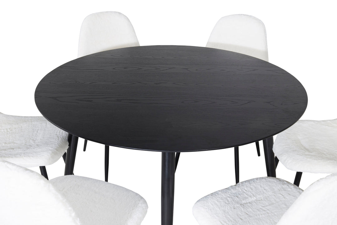 Venture Home Dipp Dining Table - 115cm - Black Veneer / All black legs +Polar Fluff Dining Chair - Black Legs - White Teddy _6