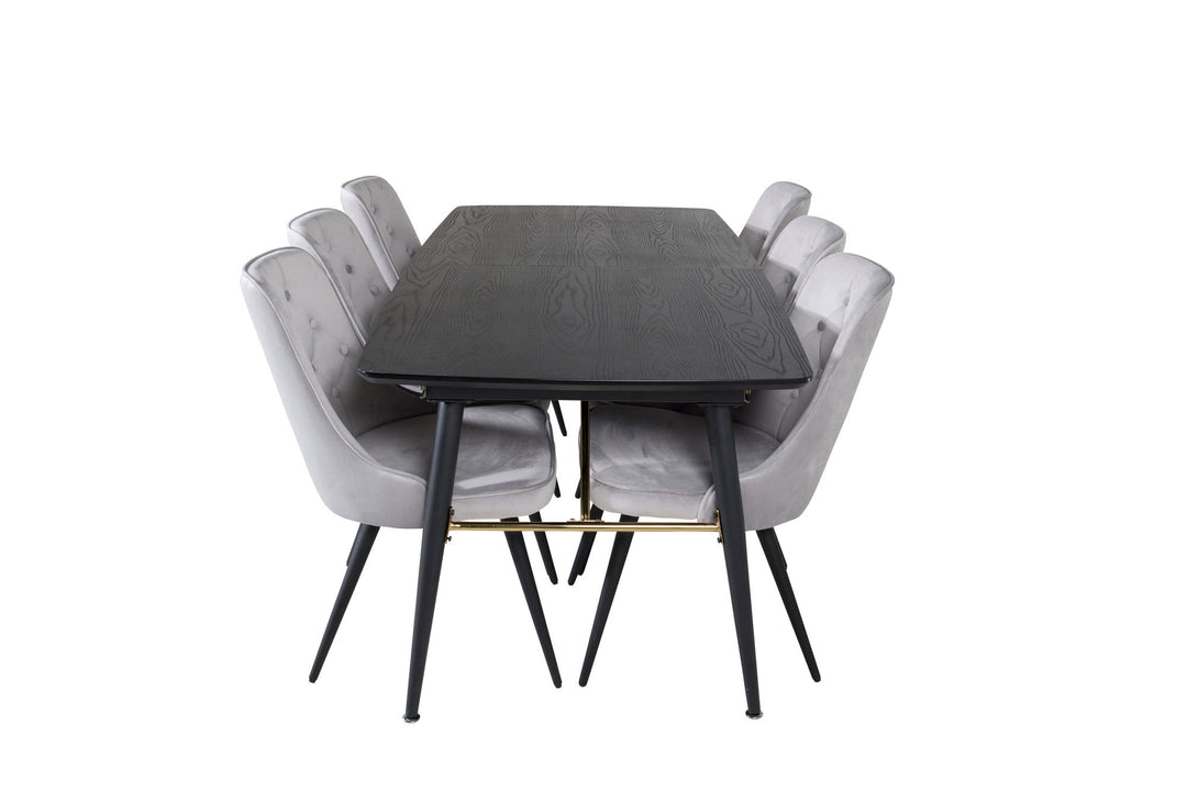 Venture Home Gold Extention table - 180/220*85*H76 Black Veneer - Black legs - Brass details+Velvet Deluxe Dining Chair - Light Grey / Black_6