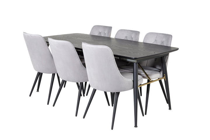 Venture Home Gold Extention table - 180/220*85*H76 Black Veneer - Black legs - Brass details+Velvet Deluxe Dining Chair - Light Grey / Black_6