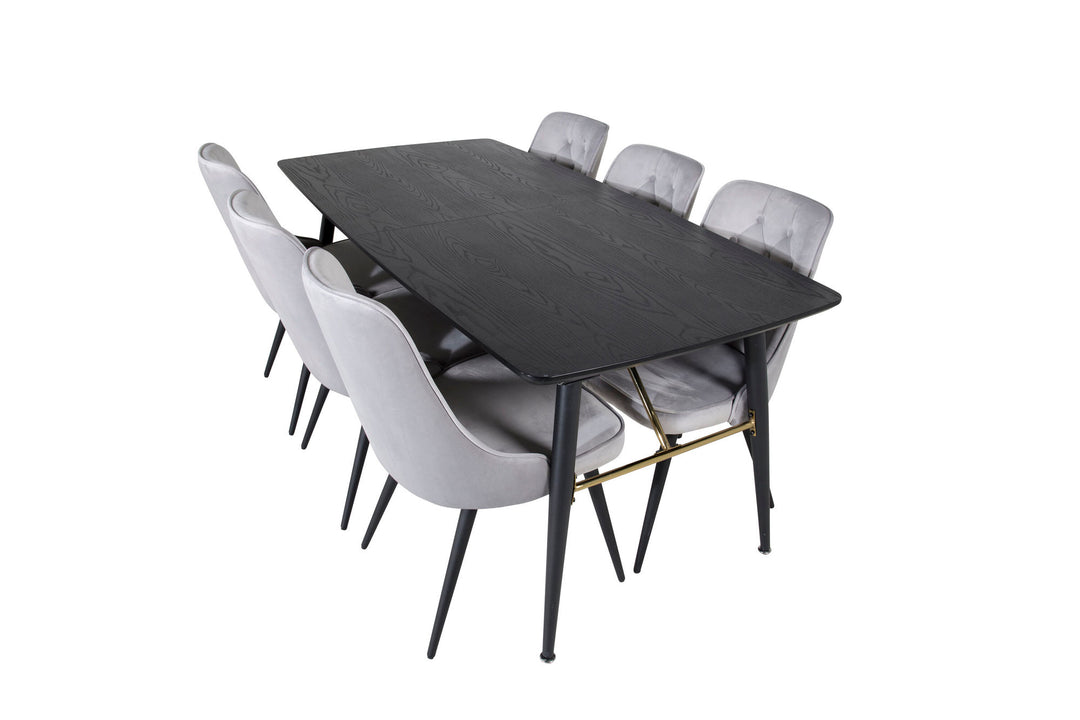 Venture Home Gold Extention table - 180/220*85*H76 Black Veneer - Black legs - Brass details+Velvet Deluxe Dining Chair - Light Grey / Black_6