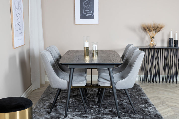 Venture Home Gold Extention table - 180/220*85*H76 Black Veneer - Black legs - Brass details+Velvet Deluxe Dining Chair - Light Grey / Black_6