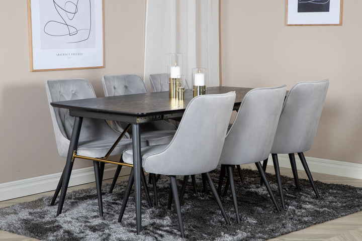 Venture Home Gold Extention table - 180/220*85*H76 Black Veneer - Black legs - Brass details+Velvet Deluxe Dining Chair - Light Grey / Black_6