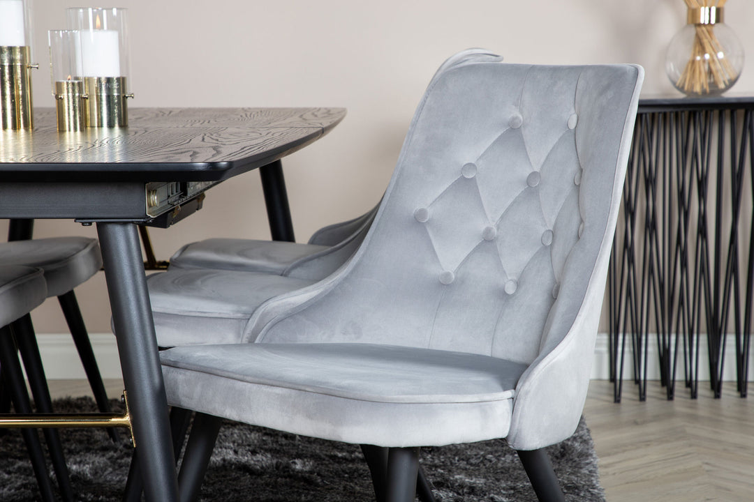 Venture Home Gold Extention table - 180/220*85*H76 Black Veneer - Black legs - Brass details+Velvet Deluxe Dining Chair - Light Grey / Black_6