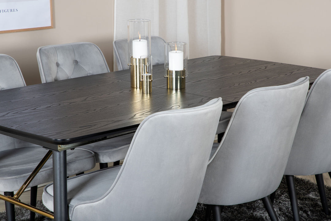 Venture Home Gold Extention table - 180/220*85*H76 Black Veneer - Black legs - Brass details+Velvet Deluxe Dining Chair - Light Grey / Black_6