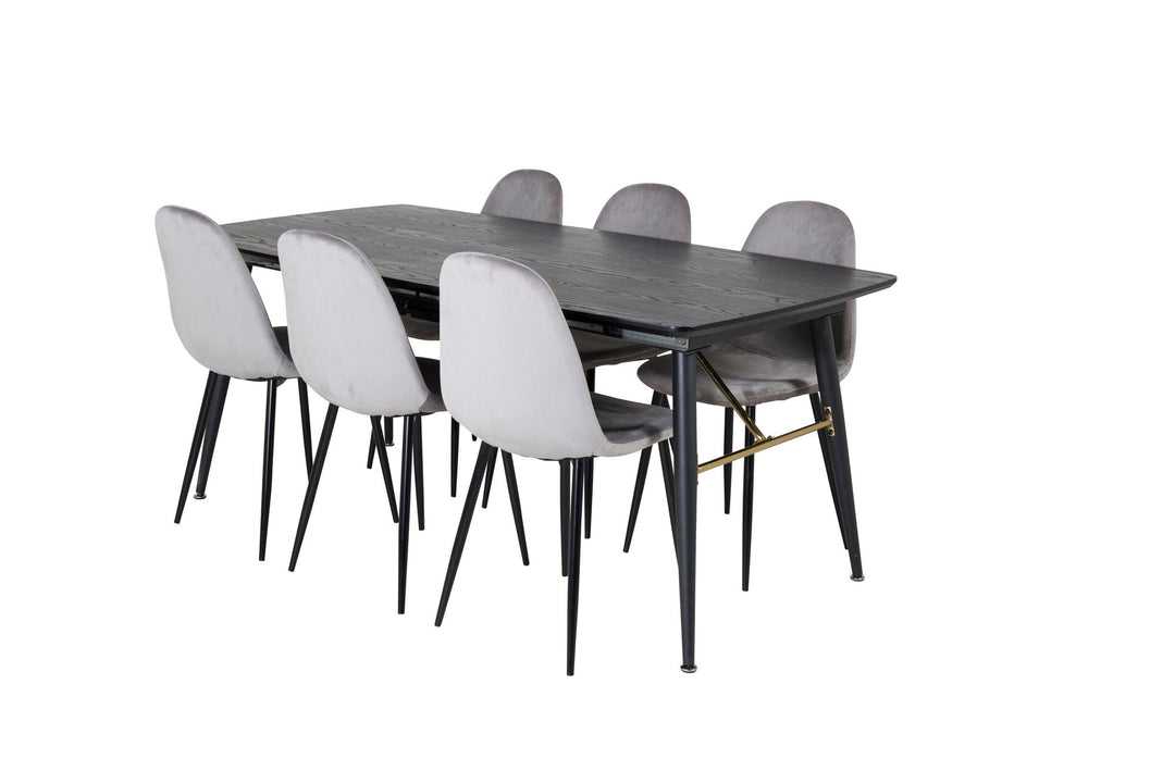 Venture Home Gold Extention table - 180/220*85*H76 Black Veneer - Black legs - Brass details+Polar Dining Chair - Black legs / Light Grey Velvet (ersätter 19902-885)_6