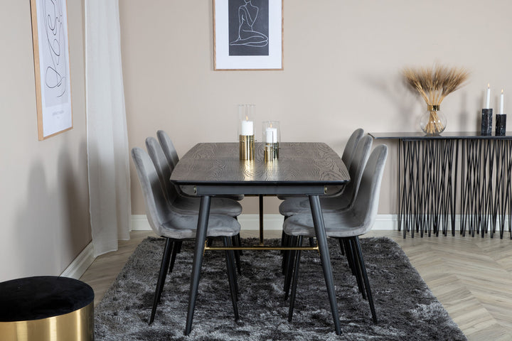 Venture Home Gold Extention table - 180/220*85*H76 Black Veneer - Black legs - Brass details+Polar Dining Chair - Black legs / Light Grey Velvet (ersätter 19902-885)_6