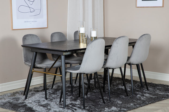 Venture Home Gold Extention table - 180/220*85*H76 Black Veneer - Black legs - Brass details+Polar Dining Chair - Black legs / Light Grey Velvet (ersätter 19902-885)_6