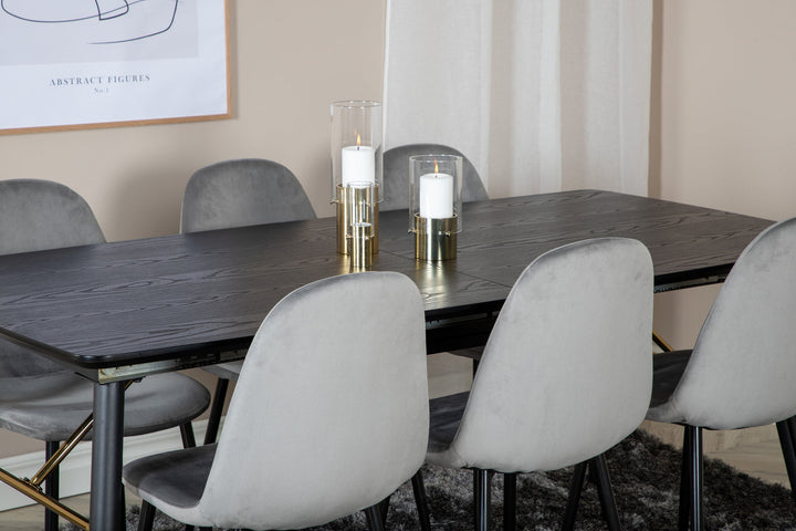 Venture Home Gold Extention table - 180/220*85*H76 Black Veneer - Black legs - Brass details+Polar Dining Chair - Black legs / Light Grey Velvet (ersätter 19902-885)_6