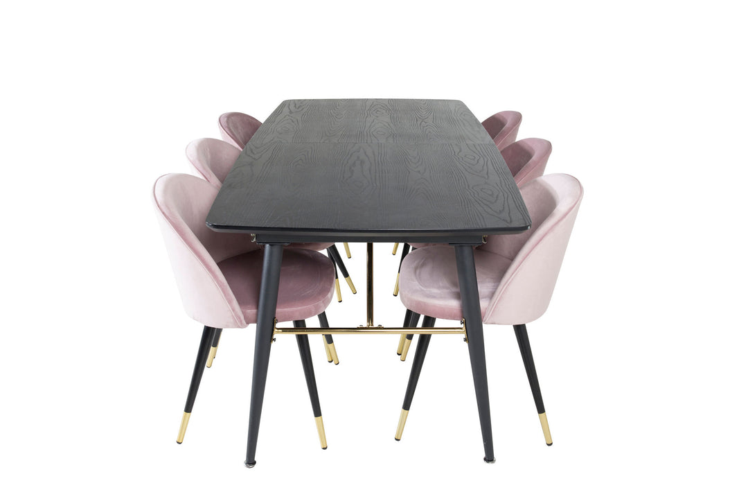 Venture Home Gold Extention table - 180/220*85*H76 Black Veneer - Black legs - Brass details+Velvet Dining Chair Brass - Pink / Black_6