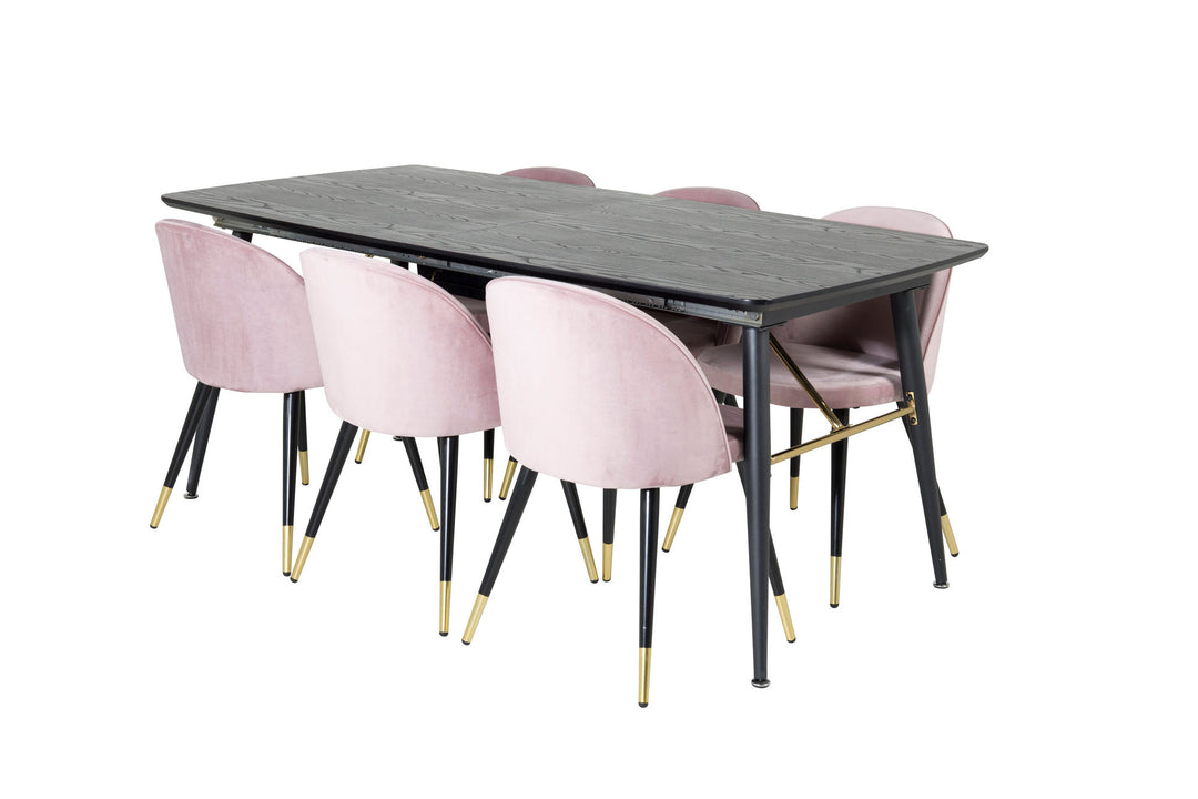Venture Home Gold Extention table - 180/220*85*H76 Black Veneer - Black legs - Brass details+Velvet Dining Chair Brass - Pink / Black_6