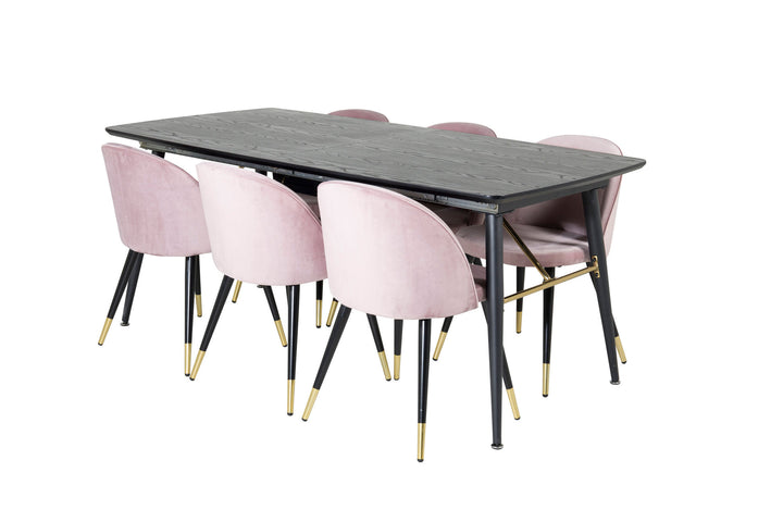 Venture Home Gold Extention table - 180/220*85*H76 Black Veneer - Black legs - Brass details+Velvet Dining Chair Brass - Pink / Black_6