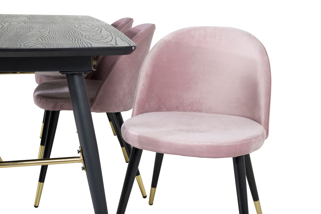 Venture Home Gold Extention table - 180/220*85*H76 Black Veneer - Black legs - Brass details+Velvet Dining Chair Brass - Pink / Black_6