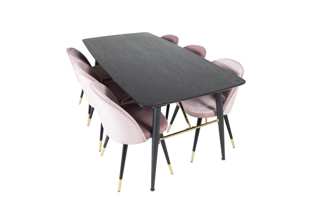 Venture Home Gold Extention table - 180/220*85*H76 Black Veneer - Black legs - Brass details+Velvet Dining Chair Brass - Pink / Black_6