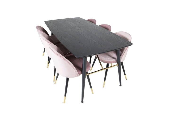 Venture Home Gold Extention table - 180/220*85*H76 Black Veneer - Black legs - Brass details+Velvet Dining Chair Brass - Pink / Black_6
