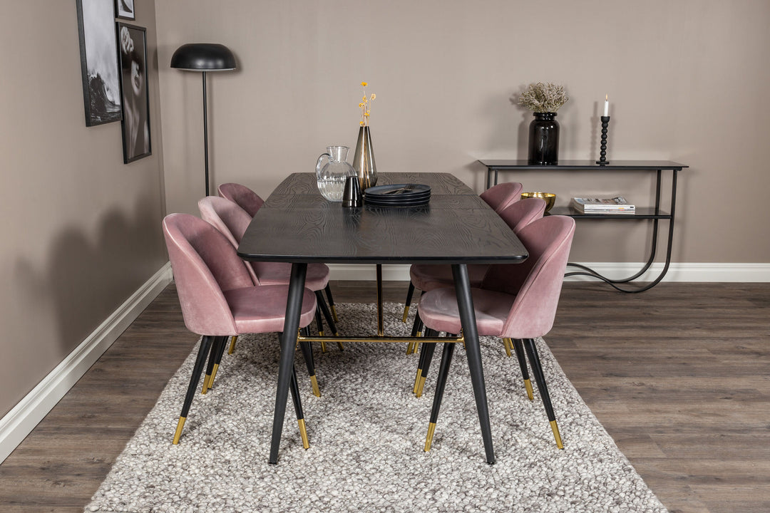 Venture Home Gold Extention table - 180/220*85*H76 Black Veneer - Black legs - Brass details+Velvet Dining Chair Brass - Pink / Black_6