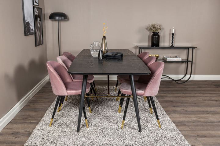 Venture Home Gold Extention table - 180/220*85*H76 Black Veneer - Black legs - Brass details+Velvet Dining Chair Brass - Pink / Black_6