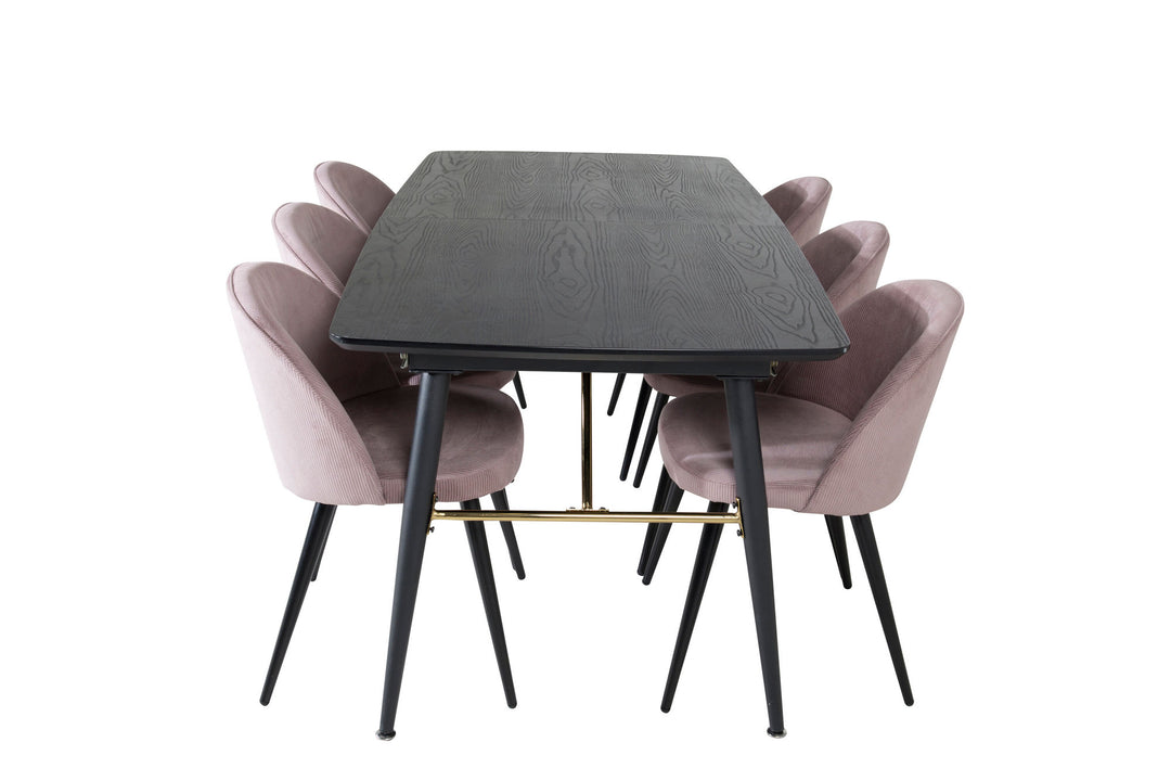 Venture Home Gold Extention table - 180/220*85*H76 Black Veneer - Black legs - Brass details+Velvet Dining Chair Corduroy - Pink / Black_6
