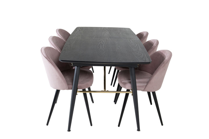Venture Home Gold Extention table - 180/220*85*H76 Black Veneer - Black legs - Brass details+Velvet Dining Chair Corduroy - Pink / Black_6